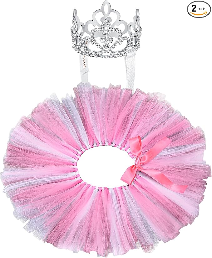 2 Pcs Dog Crown Headband Dog Tutu Dress Set Crystal Rhinestone Tiara Crown Tutu Skirt Pet Dress Costume for Puppy Birthday Party Wedding Photo Prop Costume(X-Large,Rose Red, White)