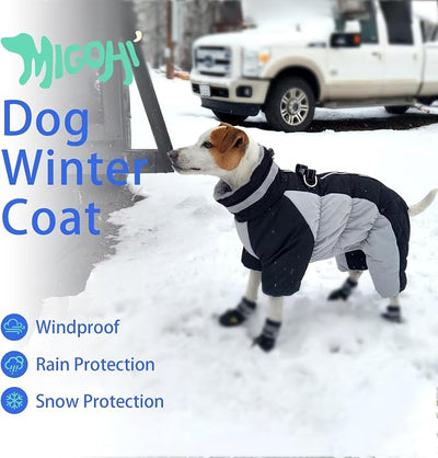 MIGOHI Full Body Dog Coat，Warm Coats for Large Dogs | Reflective Winter Coat for Dogs with Harness,Turtleneck Dog Snowsuit with Legs,Windproof Pet Fleece Puffer Jacket,XXXL,Black