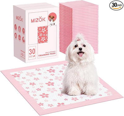 MIZOK Puppy Pads Pink 22x22in, Stay-Put Training Mats with Pheromone Attractant, Decorative Cherry Blossom 6-Layer Absorbent Dog Pee Pads, Disposable (30 Count)