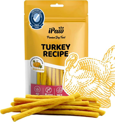 iPaw Turkey Dog Treats, SQF Certified Human Grade Dog Treat, Suitable for Training Chew, Hypoallergenic, Rawhide Alternative, Thin Stick (Pumpkin)