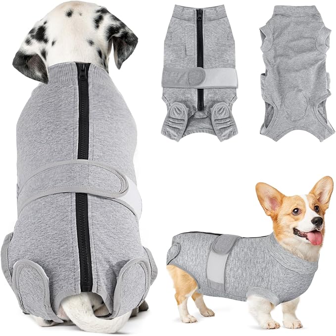 Lukovee Recovery Suit for Dogs, Zipper On Recovery Suit for Female Male Dog, Onesie Abdominal Wounds Cone E-Collar Alternative (S,GY)