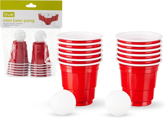True Mini Beer Pong Game, 1.5 Ounce Disposable Red Party Cup Plastic Shot Glasses, Red, Set of 12 Cups and 2 Mini Ping Pong Balls