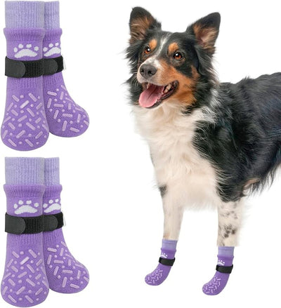 SCENEREAL Dog Socks to Prevent Licking Paws for Hot/Cold Pavement, Anti Slip High Top Dog Grip Socks for Hardwood Floors, Dog Shoes Booties&Paw Protector for Small Medium Large Senior Dog, Purple M