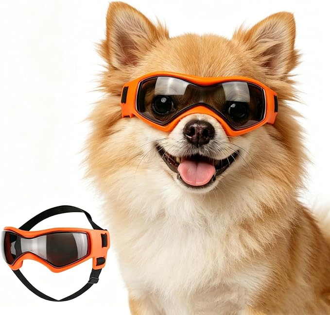 Enjoying Dog Sunglasses Extra-Small to Small Breeds, Dog Goggles UV Protection, Driving Eye Protection for Little Dogs, Breathable Windproof Dustproof Anti-Fog, Adjustable Straps, Style Orange