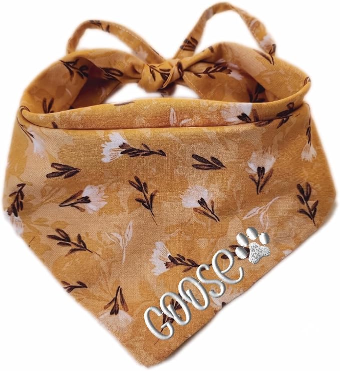 Embroidered Bandana Summer Triangle Scarves Floral Dog Bandana in Brown, Small