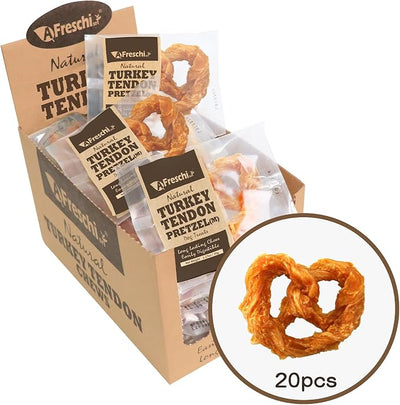 A Freschi srl Turkey Tendons for Dogs, USA-Sourced, Healthy Dog Treats, Rawhide-Free Puppy Chews, Long Lasting, All Natural, Hypoallergenic Dog Treats for Medium Breeds, 20 Count Box Pretzel (M)