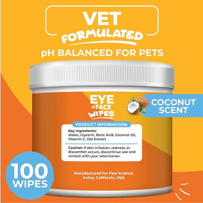 Dog Eye Wipes (100 Count) Hypoallergenic Eye & Face Wipes for Dogs & Cats - Pet Tear Stain Remover & Cleaner - Cleans & Removes Discharge, Crust, & Gunk (Coconut)