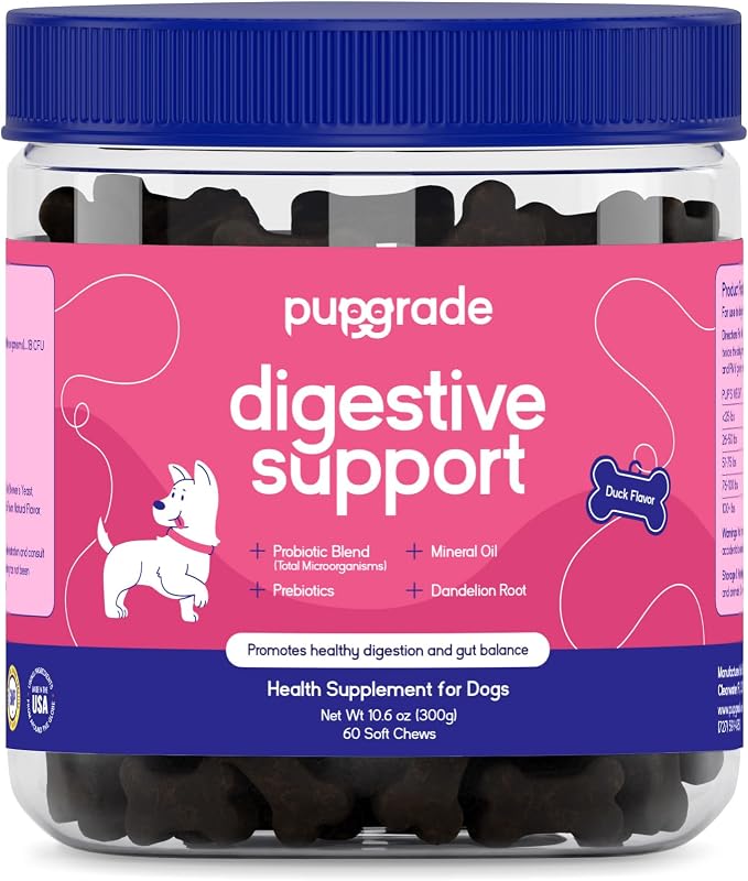 PupGrade Digestive Support for Dogs - Prebiotic + Probiotic Supplement with Enzyme Blend - Gut and Immune Support - Pumpkin, Blueberry, Mineral Oil, Duck Flavor - 60 Soft Chews