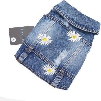 Pet Clothes Vintage Denim Dog Jacket with Daisy Embroidery - Puppy Stylish Pet Coat for Chihuahua, Yorkie Small Breeds - All-Season Comfort (Blue,X-Small)