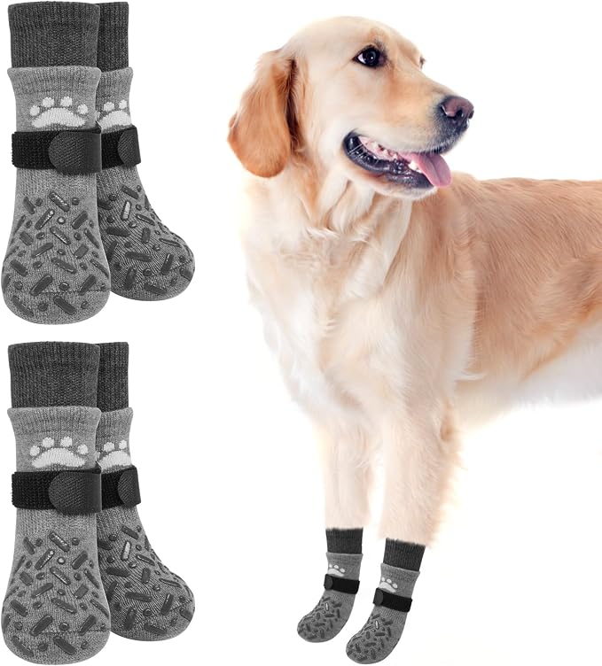 SCENEREAL Dog Socks to Prevent Licking Paws for Hot/Cold Pavement, Anti Slip High Top Dog Grip Socks for Hardwood Floors, Dog Shoes Booties&Paw Protector for Small Medium Large Senior Dog, Grey L