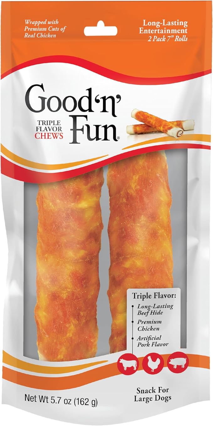 Good 'n' Fun Rolls Long-Lasting Dog Treat, For Large Dogs, With Real Proteins, Beef Hide and Premium Chicken, Supports Dental Health, Mental Stimulation, 2 count