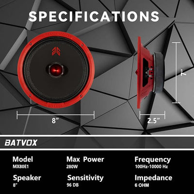 MX80E1 Loudspeaker 8 Inch Midrange 560 Watts 6 Ohms Red Bullet, Premium Quality Audio Door Speakers for Car or Truck Stereo Sound System, Red (2 Speakers)