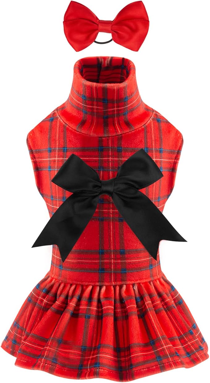 CuteBone Turtleneck Dog Christmas Dress Velvet Puppy Skirt Costume Pet Clothes Cat Apparel with Bow Hair Rope for Small Dogs CVD05M