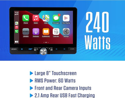 Jensen J1CA8FL 8" Wireless Apple CarPlay Android Auto Single/Double DIN | Fits single or double DIN, wired or wireless Certified Apple CarPlay plus Android Auto, front and rear camera inputs, USB