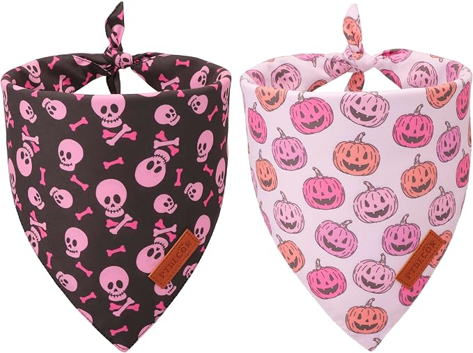 PTDECOR Halloween Dog Bandana, Pink Skeleton Pumpkin Reversible Holiday Dog Scarf, Triangle Female Halloween Bandanas for Small Dogs Puppies Cats(Small)