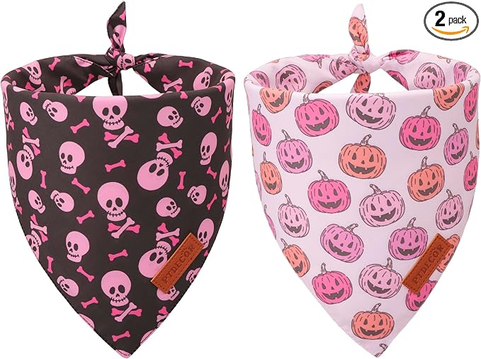 PTDECOR Halloween Dog Bandana, Pink Skeleton Pumpkin Reversible Holiday Dog Scarf, Triangle Female Halloween Bandanas for Medium Large Dogs Pets (Large)
