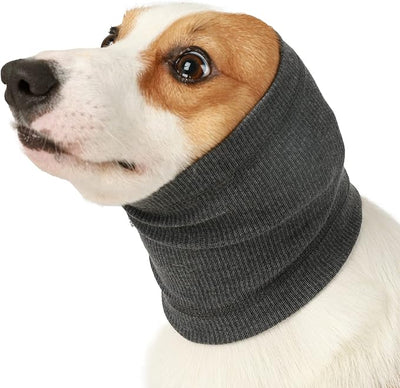 Dog Head Wrap - No Shake Quiet Ears for Dogs Anxiety Relief, Original Ear Covers Pet Calming Hoodie for Thunder, Lightning, Fireworks, Vet Visits, Grooming, High Stretch Ribbed Fabric, Grey S