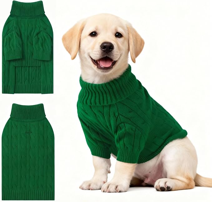 Small Dog Thermal Pullover Sweater, Classic Turtleneck Cable Knitwear Dog Clothes for Cold Weather Warm Pet Clothes for Chihuahua, Bulldog, Dachshund, Pug Green X-Large