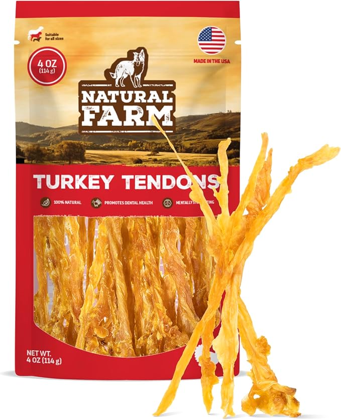 Natural Farm Turkey Tendon for Dogs (4oz) - Turkey Dog Chews, Rawhide-Free Dog Treats, Naturally Satisfying Everyday Rewards.