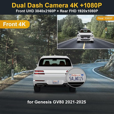 Fitcamx Front 4K+Rear 1080P Dash Cam Adapts for Genesis GV80 2021-2025 (HD2-T6010, Black Cover), OEM Factory Look, 2 Way HD Video, WiFi & APP, Loop Recording, G-Sensor, Easy to Use, 128GB Card ﻿