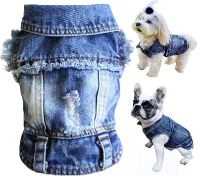 Jean Jacket, Blue Denim Lapel Vest Coat T-Shirt Costume for Small Medium Dogs Cats, Cute Girl Boy Puppy Clothes, Comfort and Cool Apparel, Machine Washable Outfits (L, Blue)