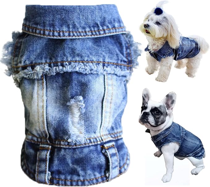 Dog Jean Jacket, Blue Denim Lapel Vest Coat T-Shirt Costume, Cute Girl Boy Puppy Clothes, Comfort and Cool Apparel, for Small Medium Dogs Cats, Machine Washable Dog Outfits (XS, Blue)