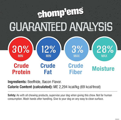 CHOMP 'EMS Purehide Beefhide Dog Chews, Bacon Flavor, 12 Oz - 100% Digestible Long Lasting Dental Treat