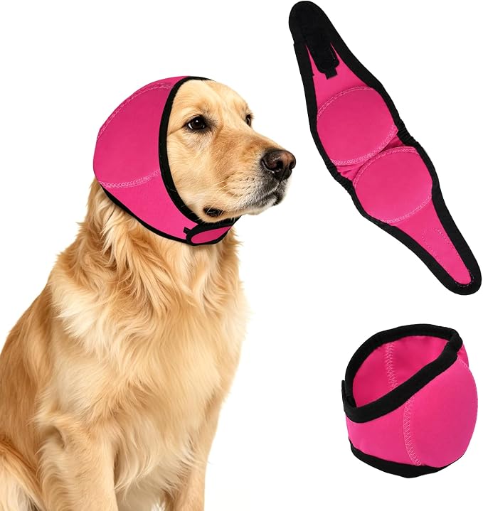 Upgraded Dog Ear Muffs for Noise Protection & Anxiety Relief, Adjustable No Shake Ear Wrap for Firework, Hematoma, Bathing, Swim, Grooming and Force Drying (Fuchsia, L(Head Size:18"-24"))