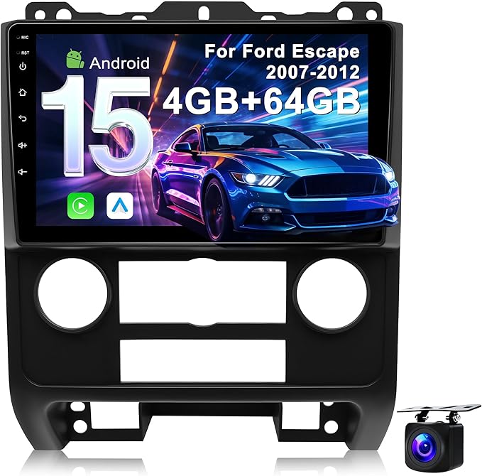 4G+64G Car Radio Stereo for Ford Escape 2007-2012: Upgrade Android 15 9" Touchscreen Head Unit Wireless CarPlay Android Auto, BT 5.4, WiFi 6, GPS, FM, RDS, EQ, SWC, 1080P Backup Camera