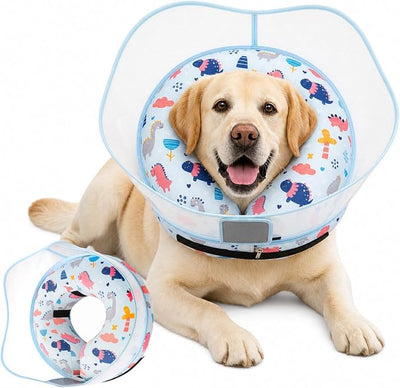 Inflatable Dog Cone Collar for Large Medium Small Dogs, Soft Dog Donut Collar Adjustable Recovery Cone for Pets After Surgery, Extra Enhanced Anti-Licking Guard Shield (Dinosaur, Small)
