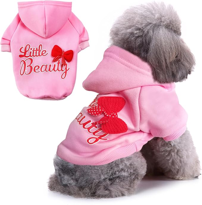 Jecikelon Print Dog Hoodies for Small Dogs with Bow, Soft Fleece Puppy Clothes for Pet Cat, Warm Winter Outfits Cold Weather Coats, Cute Sweatshirt Puppies Costume (Medium, Y01-Pink)