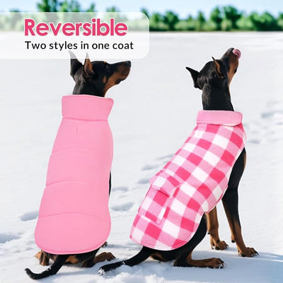 ASENKU Dog Winter Coat, Fleece Doggie Jacket Plaid Reversible Vest Waterproof Windproof Cold Weather Clothes for Small Medium Large Dogs (Pink, XL)