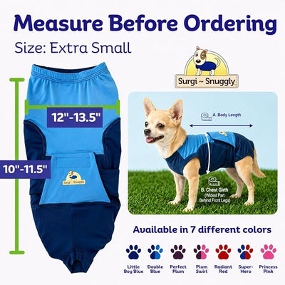 Surgi Snuggly Dog Surgery Recovery Suit - Dog Onesie for Post Surgery Recovery, Female Spay & Male Neuter, Surgical Suit for Dogs, E-Collar Cone Alternative, Double Blue - Extra Small - 10"-11.5" (EC)