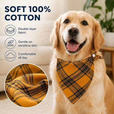 Dog Bandana Black & Orange Plaid - 100% Cotton Soft, Adjustable Snap,Large