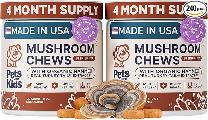 Pets are Kids Turkey Tail Mushroom for Dogs with Organic Real Turkey Tail™ - 8:1 Extract Mushroom Chews for Immune System Health, Gut, Skin & Joint Support - Reishi, Lion's Mane - 240 Chews