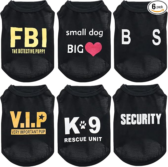 6-Pack Dog Boy Summer Shirts - Black, Sleeveless, Printed Pet Shirts for Small to Medium Dogs & Cats