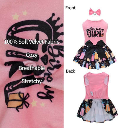 CuteBone Birthday Dog Dresses Velvet Holiday Small Dogs Clothes Onesie Pet Apparel Girl Puppy Skirt with Bow Hair Rope