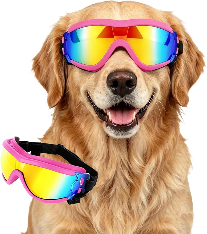 Enjoying Dog Sunglasses Medium to Large Breed, Dog Goggles UV Protection, Large Dogs Driving Eye Protection, Outdoor Windproof Dustproof Anti-Fog, Breathable, Adjustable Straps, Pink