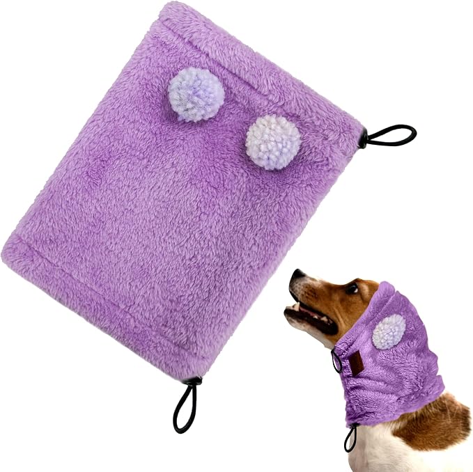 Dog Ear Muffs Noise Protection - Soft Calming Hood for Anxiety Relief, Fireworks, Thunder, Grooming & Vet Visits - Elastic Band & Comfortable Neck Warmer for Travel (Purple, Large)