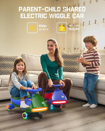 FanttikRide N7 Pro Electric Wiggle Car with Pedal, Rechargeable Battery, CyberWiggle, 2 in 1 Swing Car, 2 Speeds Max 4 Mph, Anti-Rollover, Flashing Wheels, Bluetooth, Ages 3+, 150 Lbs, Green