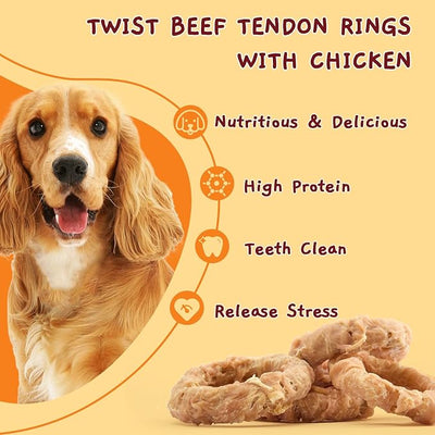 Jungle Calling Beef Tendons for Adult Dogs, Chicken Wrapped Tendons Dog Chews Long Lasting Hip and Joint Supplement for Dogs with Glucosamine (Ring)