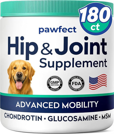Advanced Glucosamine Dog Joint Treats, Mobility, Chicken Flavor, 180Ct | Vet-Approved. Made in USA. Joint Support w/Chondroitin, MSM, Omega-3. For Picky Eaters. Joint Pain Relief, Advanced Formula