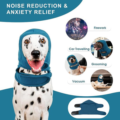 NACOCO Dog Calming Hoodie - Adjustable No Shake Dog Ear Covers Pet Head Ear Wrap Muffs Noise for Grooming Bath Fireworks(Dark Blue, L)