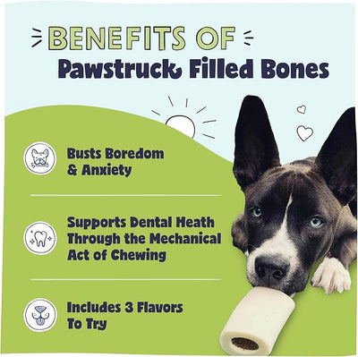 Pawstruck Small 3” Filled Dog Bones Variety Pack - Peanut Butter, Cheese & Bacon, Beef Flavors - Made in USA Long Lasting Stuffed Femur Treat for Aggressive Chewers - Pack of 6 - Packaging May Vary