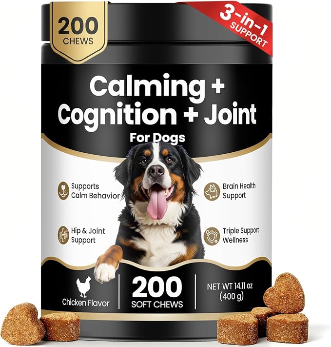 200 Ct 3-in-1 Calming Joint Cognition Soft Chews for Dogs Calm Treats Supplements for Anxiety Relief Hip and Joint Support Brain Health with Fish Oil Ashwagandha Chamomile Glucosamine Chicken Flavor
