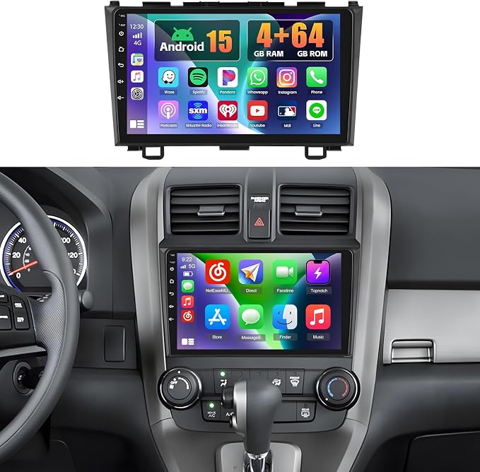 [4+64G] Android 15 Car Radio for Honda CRV 2007-2011, Realdio Car Stereo with Wireless Carplay Android Auto GPS Navigation WiFi 9 Inch Touchscreen WiFi Bluetooth FM/RDS Rear View Camera Microphone