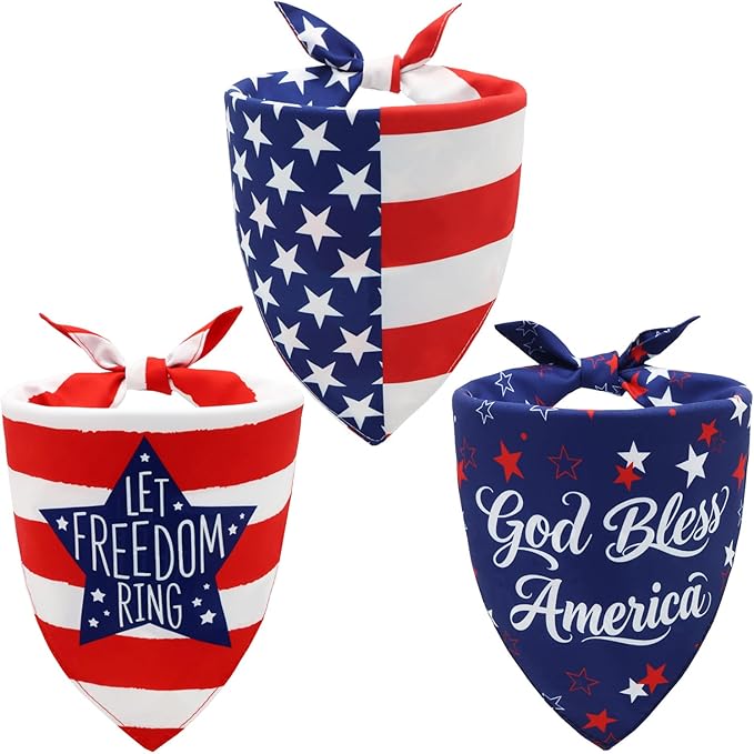 American Flag Dog Bandanas 3 Pack Small, 4th of July Patriotic Pet Scarf Bandana for Small Dogs Cats, Independence Day Memorial Day Red White Blue Holiday Costume Polyester