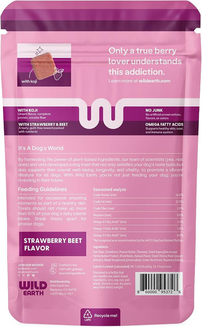Wild Earth Superfood Dog Treats, Plant Based Dog Treats with Omega Acids, Prebiotics & Koji Protein, No Fillers, Veterinarian-Developed, Strawberry & Beet Flavor (3-Pack)