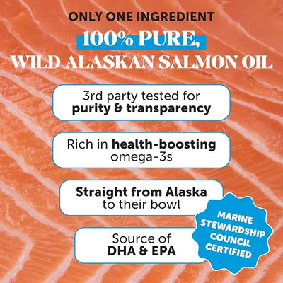 Wild Alaskan Salmon Oil for Dogs & Cats - Omega-3 Fish Oil with EPA + DHA Omega Fatty Acids, Sockeye Salmon, Skin & Coat Support, Pure Food Topper, Supports Joints, Brain & Heart Health - 16 oz