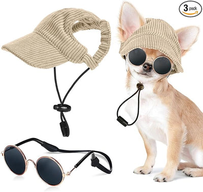 Jadive Medium Dog Sun Hat with Ear Holes, Dog Cat Sunglasses with Anti-Slip Silicone Rope Baseball Cap Adjustable Puppy Sunbonnet Headdress Beach Visor Hat for Puppies Summer Outdoor(Khaki)